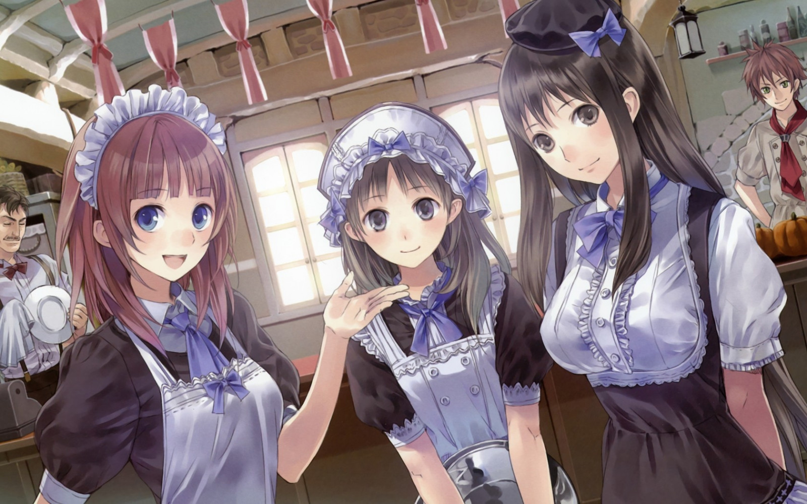 cosplay, anime, kuchyně, oblečení, roztomilý, usměj se, dívky, kostým, mangaka, servírky