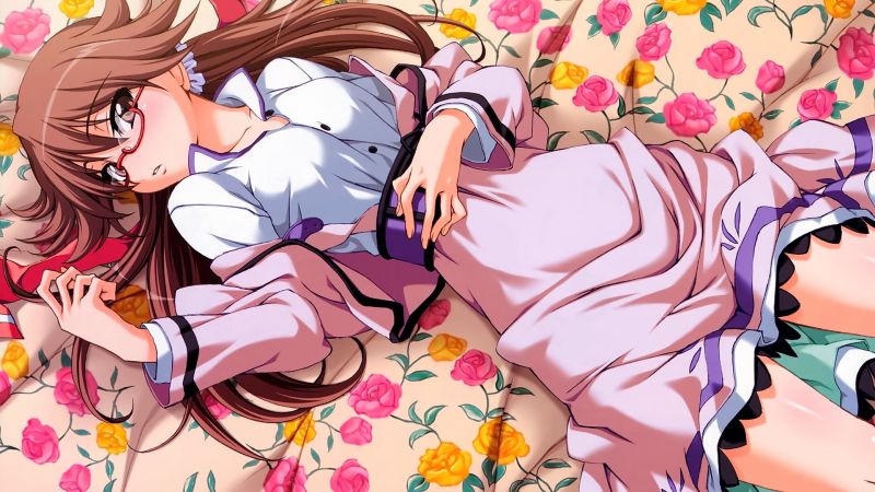 ilustrace, květiny, dlouhé vlasy, anime, anime dívky, bruneta ilustrace, květiny, dlouhé vlasy, anime, anime dívky, bruneta