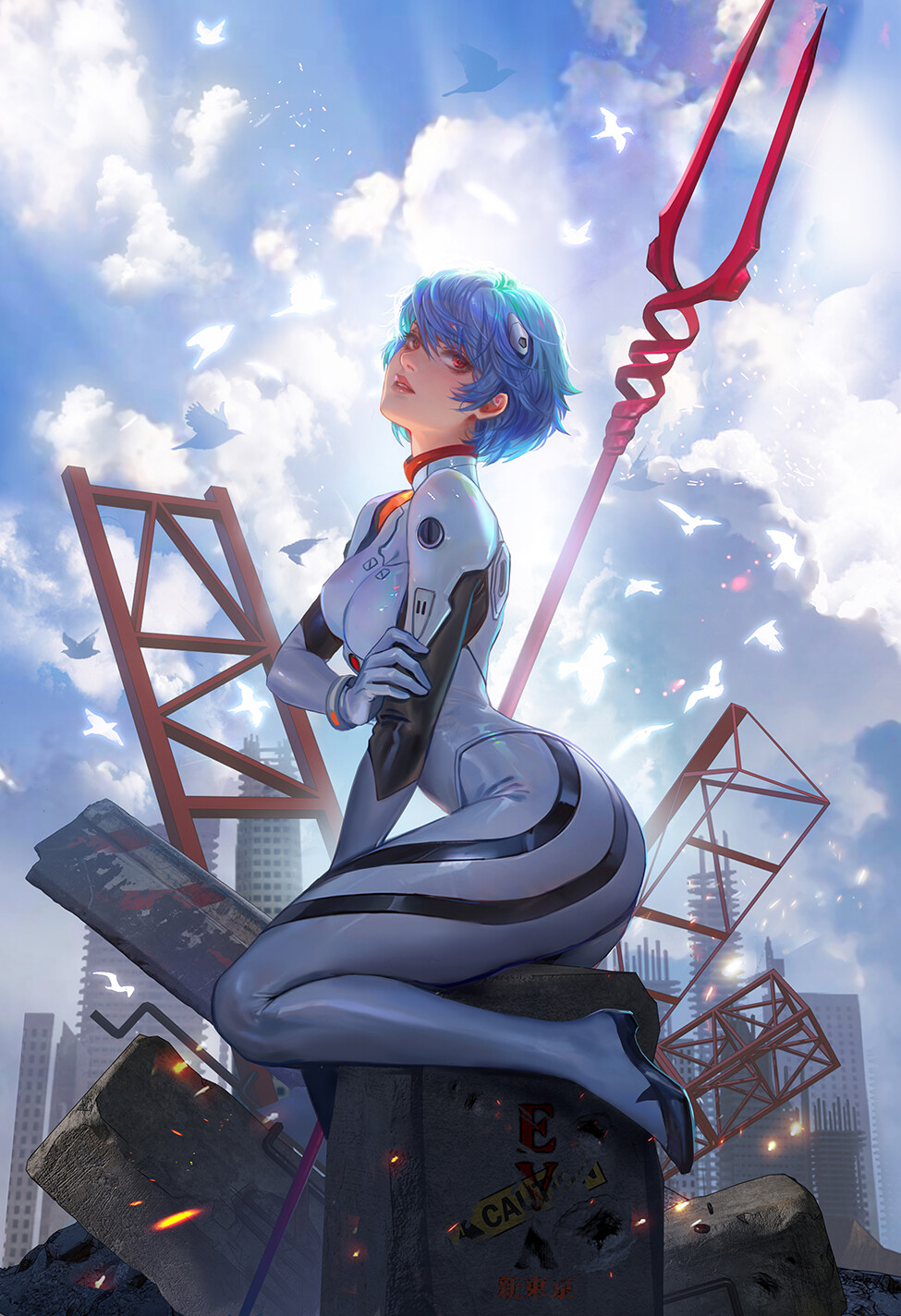 Wallpaper : Jiuge, drawing, Ayanami Rei, blue hair, ruins, sky 975x1425