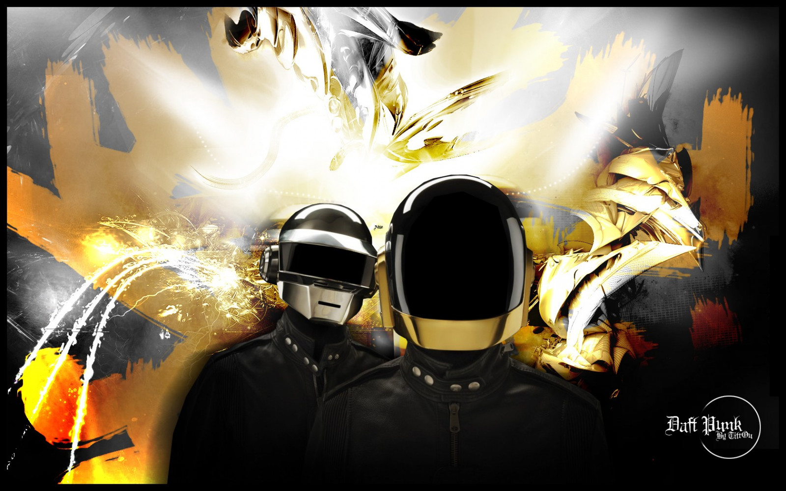 anime, opera d'arte, giallo, disegno grafico, Daft Punk, grafica, 1680x1050 px, sfondo del computer, personaggio fittizio, equipaggiamento per la protezione personale, cg artwork