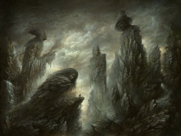 painting, rock, artwork, ruin, surreal, cliff
