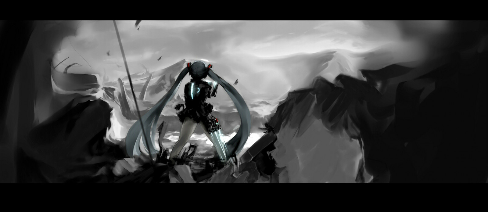 monochromia, Anime, Dziewcząt anime, Vocaloid, Hatsune Miku, Twintails, Mivit, ciemność, zrzut ekranu, Tapeta komputerowa, czarny i biały, Monochromatyczna fotografia, postać fikcyjna