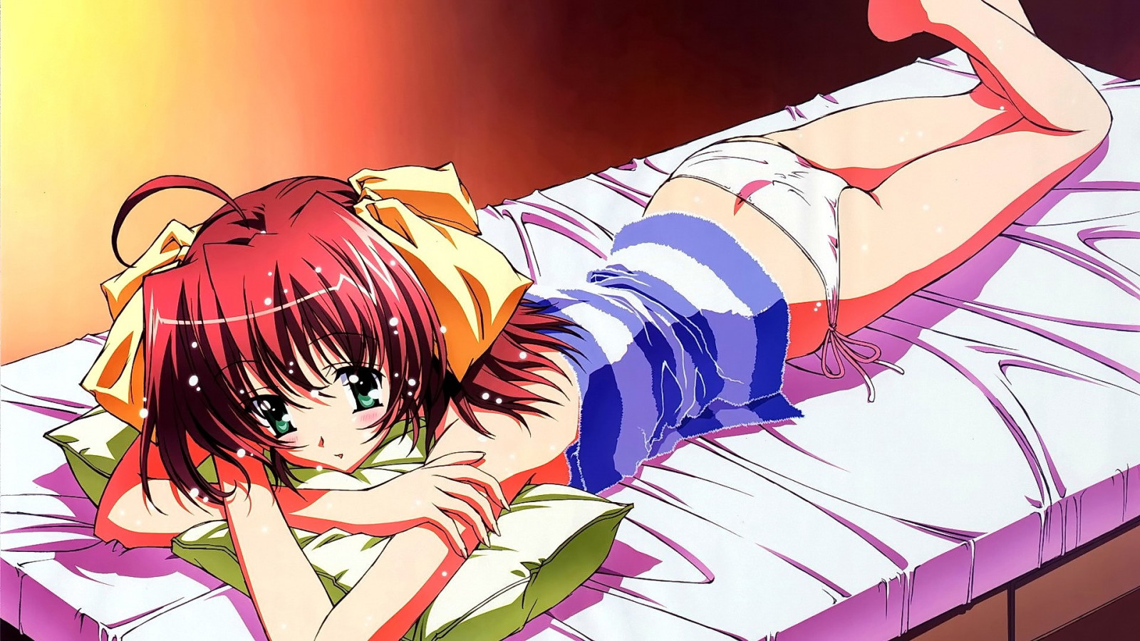 ilustrace, ryšavý, anime, anime dívky, krátké vlasy, osel, při pohledu na diváka, zelené oči, kreslená pohádka, kalhotky, komiks, spodní prádlo, ef pohádku o dvou, Miyamura Miyako, mangaka