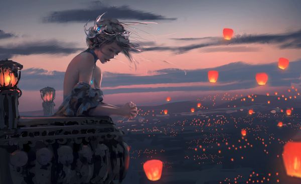 WLOP,artwork,women,digital art,crown,sky lanterns
