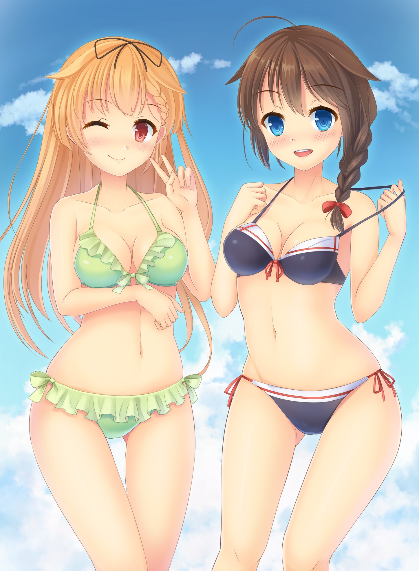 blondýnka, dlouhé vlasy, anime, anime dívky, modré oči, krátké vlasy, bruneta, kreslená pohádka, Kantai Collection, černé vlasy, výstřih, červené oči, vlasy, pusa, bikiny, Yuudachi KanColle, Shigure KanColle, plavky, oblečení, svlékání, blond, hlubotiskové idol, spodní prádlo