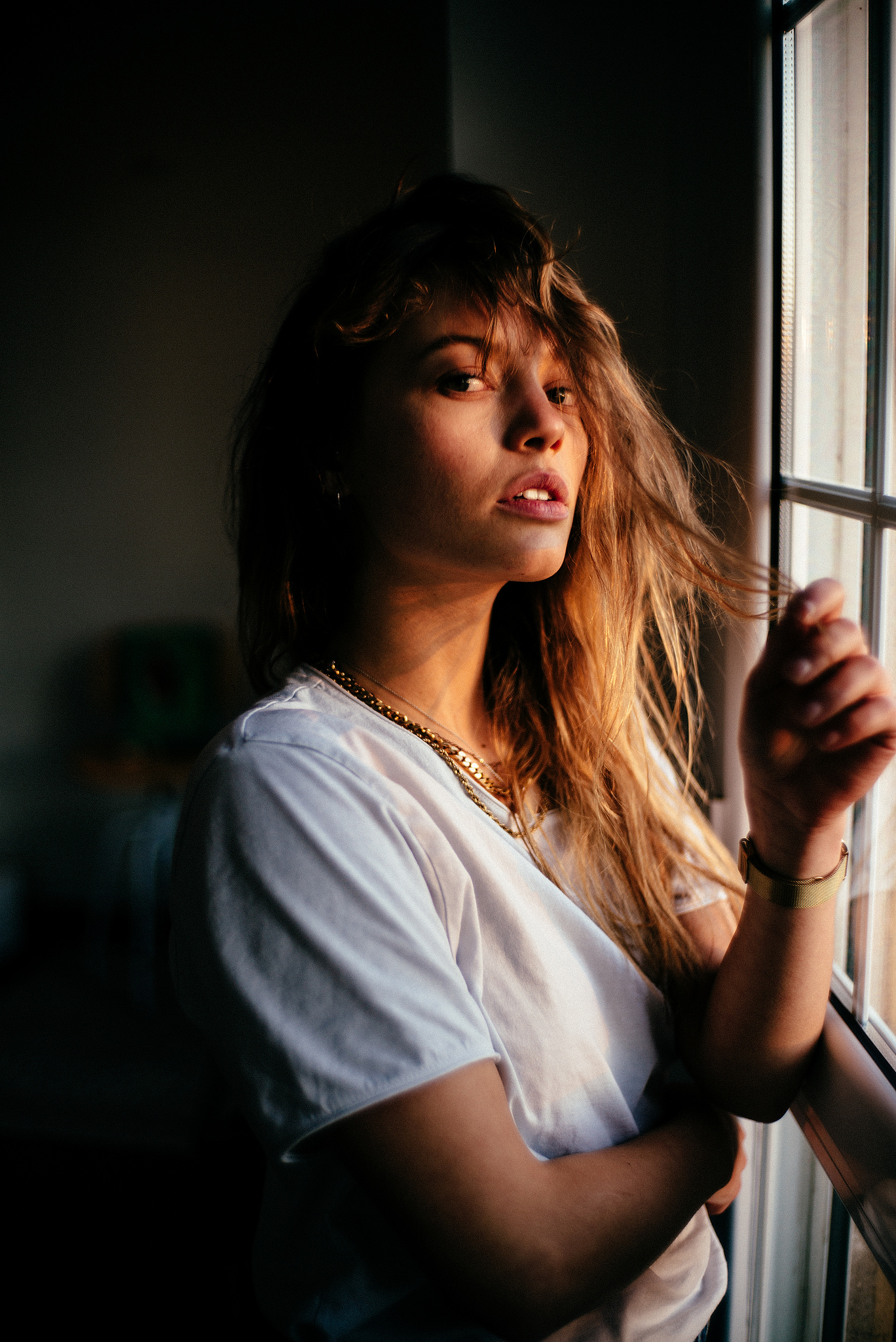 brunette, Kigger på seeren, hænder i håret, hvid t shirt, Kvinder