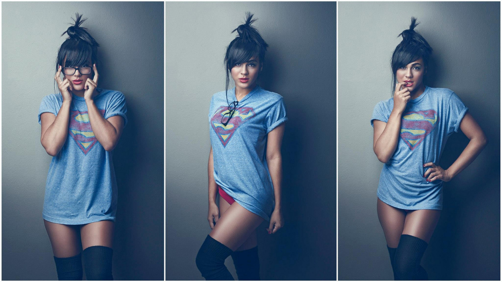 ženy, model, tričko, ženy s brýlemi, koláž, brýle, fotografování, punčochy, modrý, móda, Superman, Ian Reyes, oblečení, kostým, focení