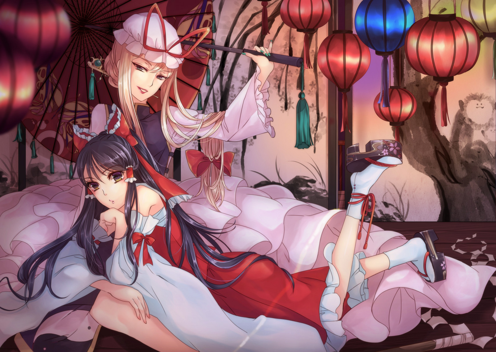 anime, anime dívky, Touhou, kreslená pohádka, Hakurei Reimu, komiks, oblečení, Yakumo Yukari, mangaka