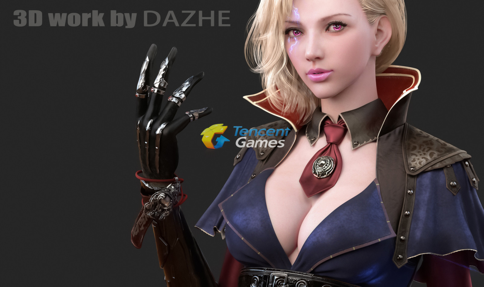 Ares artist, CGI, ženy, blondýnka, šaty, neck tie, makeup, růžová rtěnka, růžové oči, rukavice, fantasy umění, jednoduché pozadí