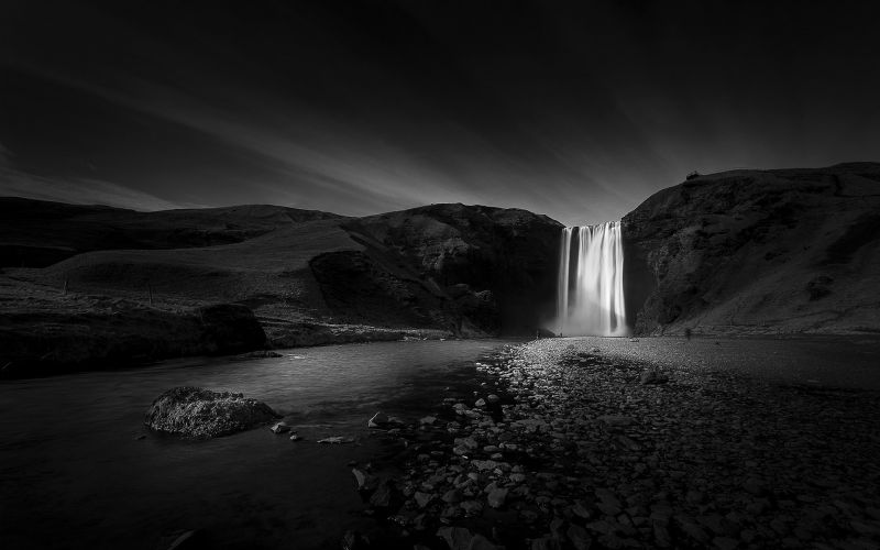 landscape, waterfall, monochrome, night, rock, nature landscape, waterfall, monochrome, night, rock, nature