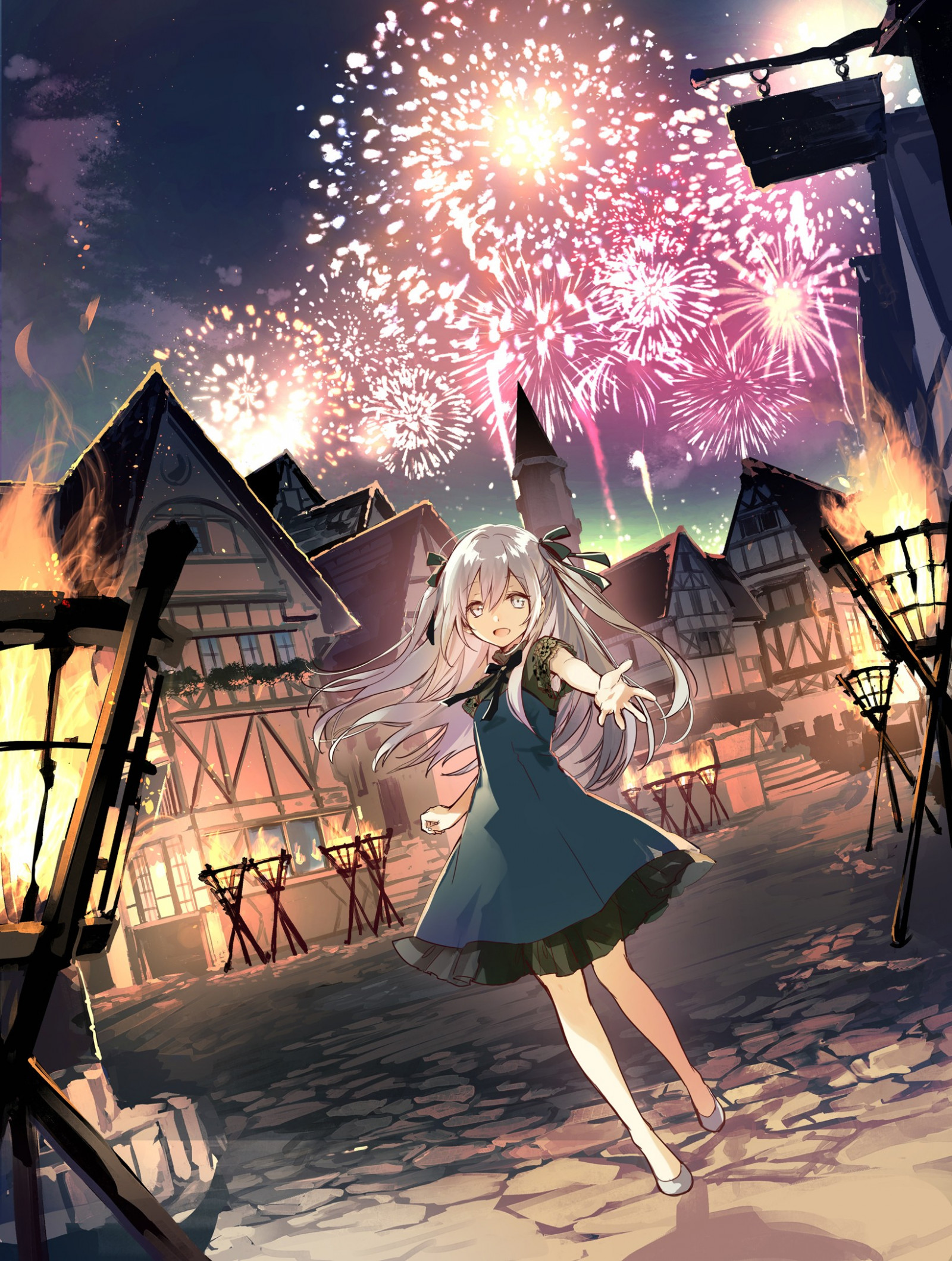 ilustración pelo largo Anime Chicas anime fuegos artificiales pelo canoso ojos grises pueblo ART captura de pantalla