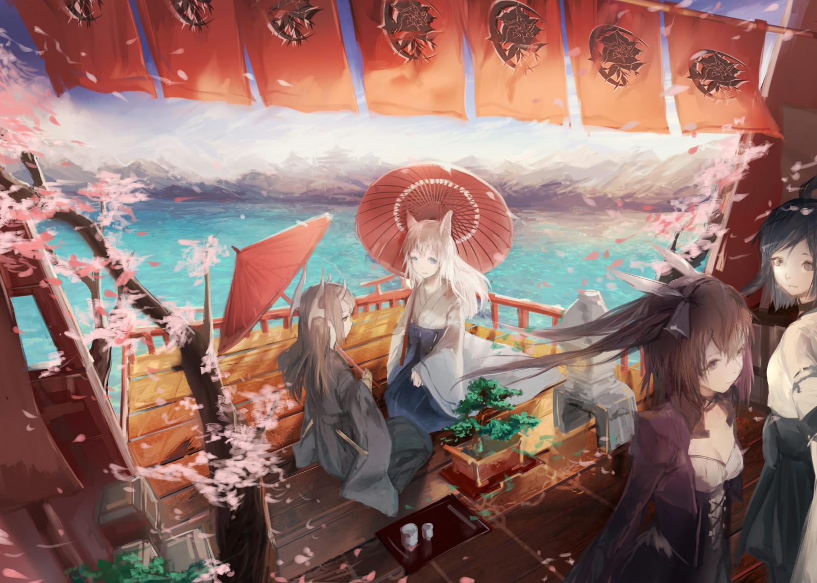 illustration, anime, cherry blossom, japanske tøj, kimono, tegneserier, japanske paraply, Pixiv Fantasia, vægmaleri, KUNST, skærmbillede