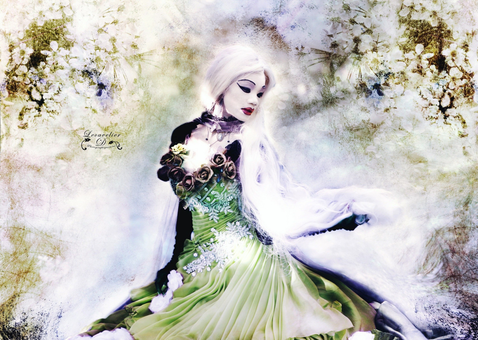 ilustrace, ženy, model, fantasy dívky, asijský, móda, jaro, UMĚNÍ, květ, krása, fotomontáž