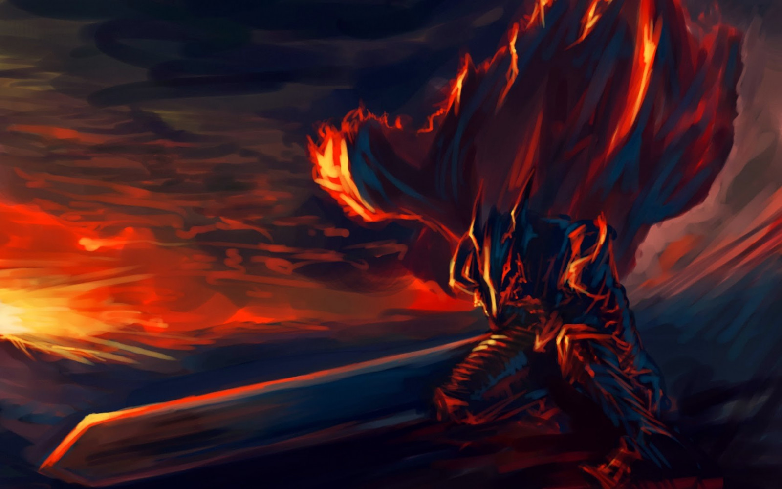 Fantasy kunst, kunstværk, sværd, tarme, Bersærk, lava, flamme, mørke, skærmbillede, computer tapet, geologisk fænomen