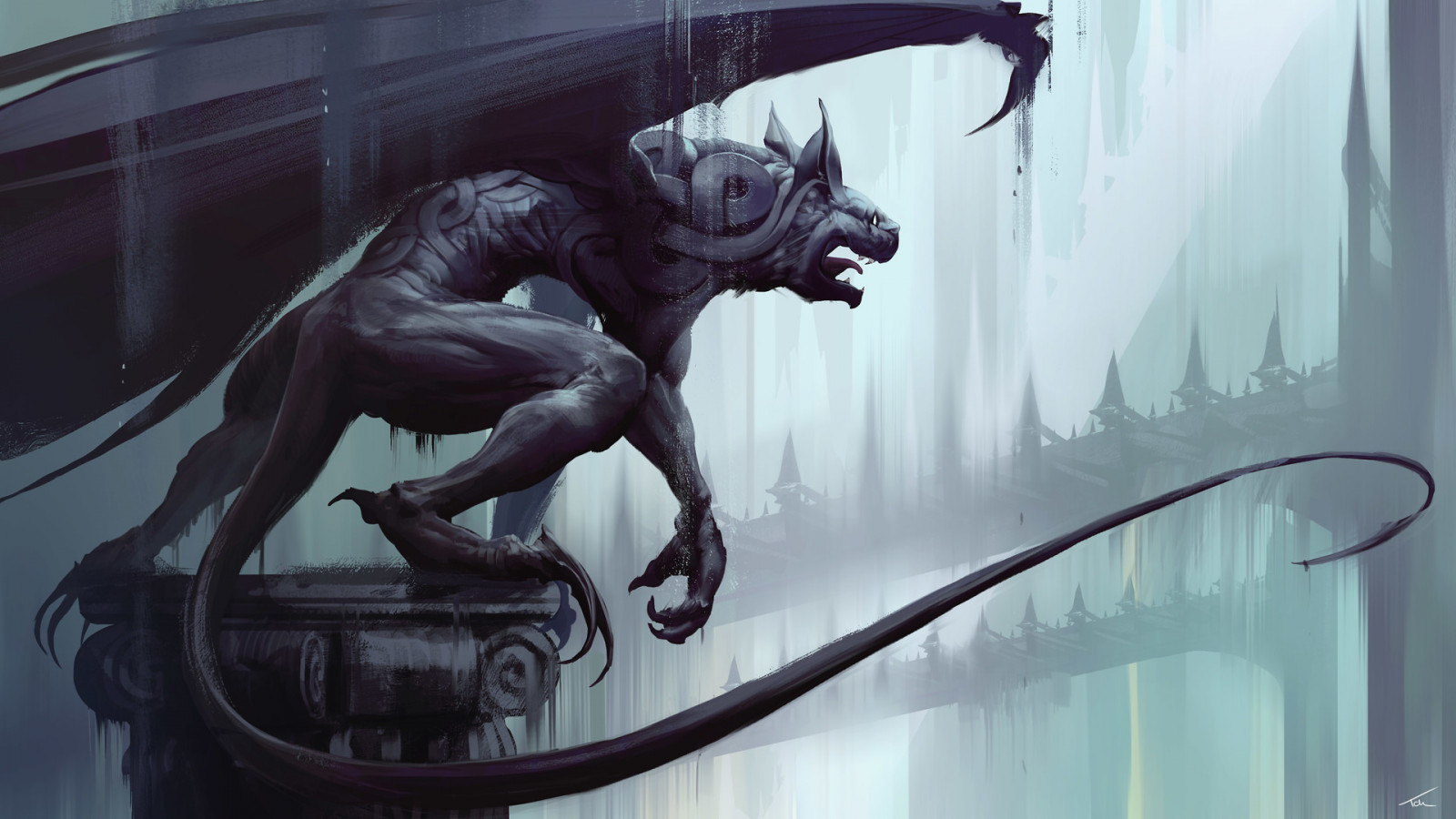 Wallpaper Thomas Chamberlain Keen, digital art, gargoyles, castle