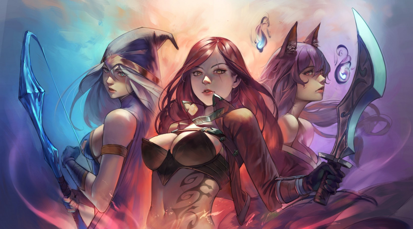 illustrazione, anime, League of Legends, Katarina, Ashe, Ahri, immagine dello schermo, sfondo del computer, mangaka, fumetto