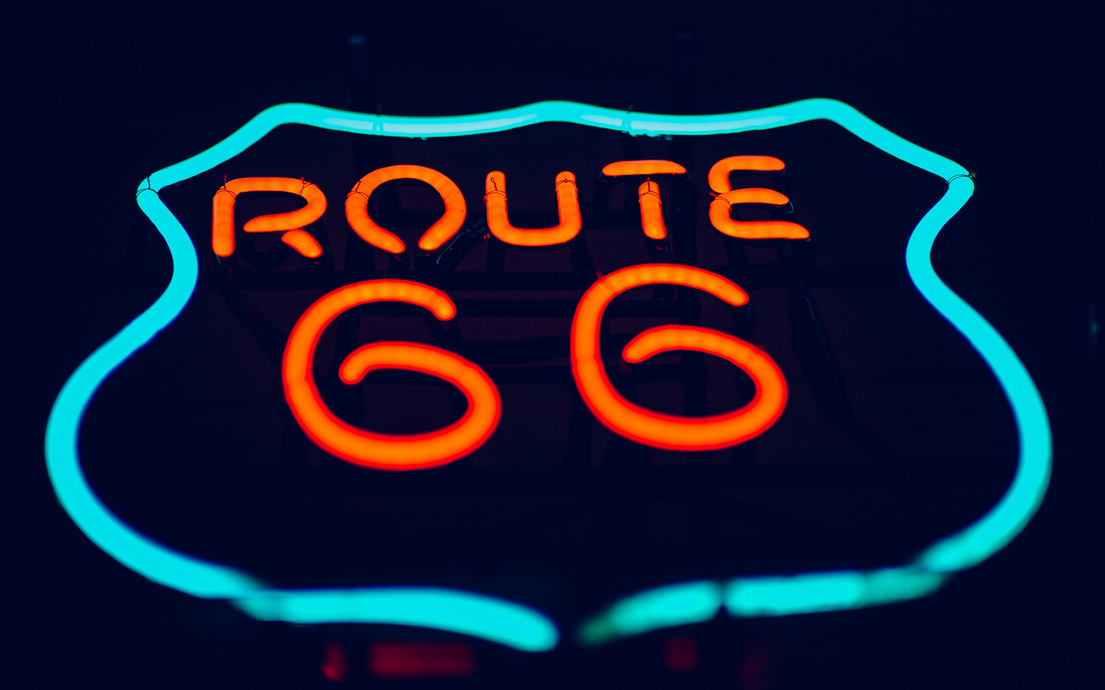 neon lights, Route 66, night, signs, dark, red, cyan