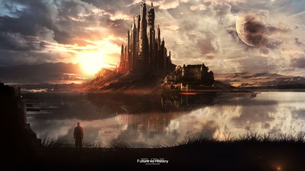 landscape,sunset,reflection,futuristic,vehicle,planet