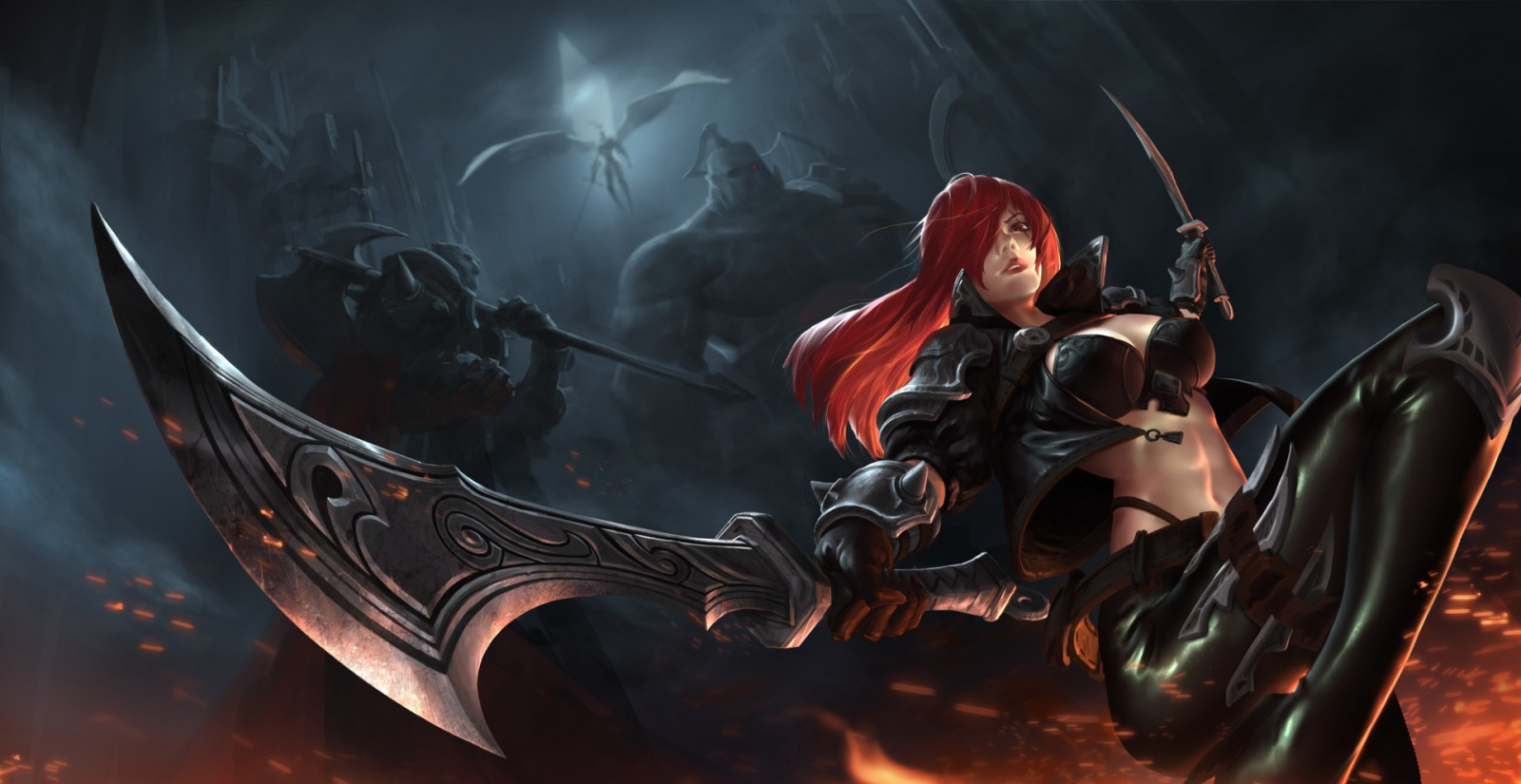 anime, League of Legends, Katarina League of Legends, Sion, Darius, Kayle, Noxus, tma, Snímek obrazovky, počítač tapeta, fiktivní postava