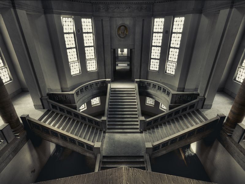 architektura, tma, budova, symetrie, denní osvětlení, schody