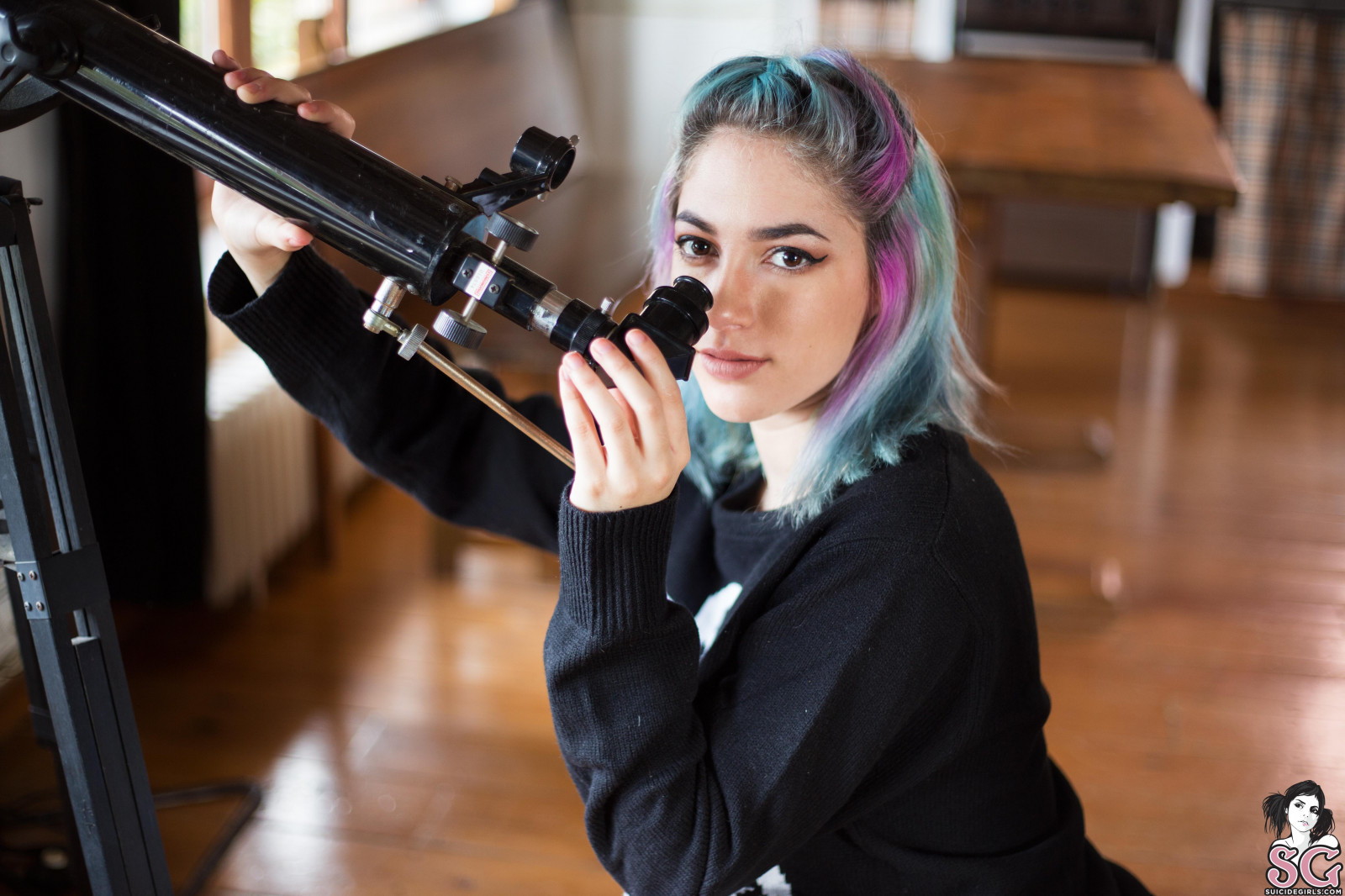 Sivir Suicide Girls, modello, donne, telescopio, capelli blu, capelli rosa