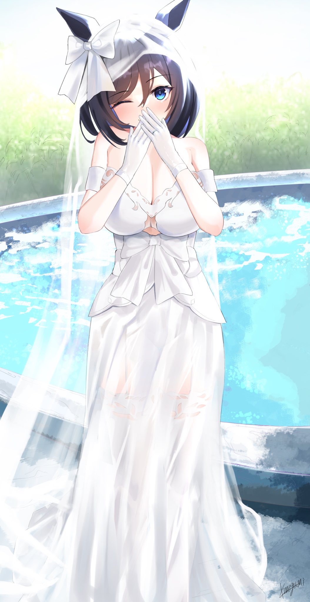 anime, anime girls, Uma Musume Pretty Derby, horse girls, orecchie degli animali, Eishin Flash Uma Musume, capelli corti, capelli neri, assolo, opera d'arte, arte digitale, fan art, vestito da sposa, vestito