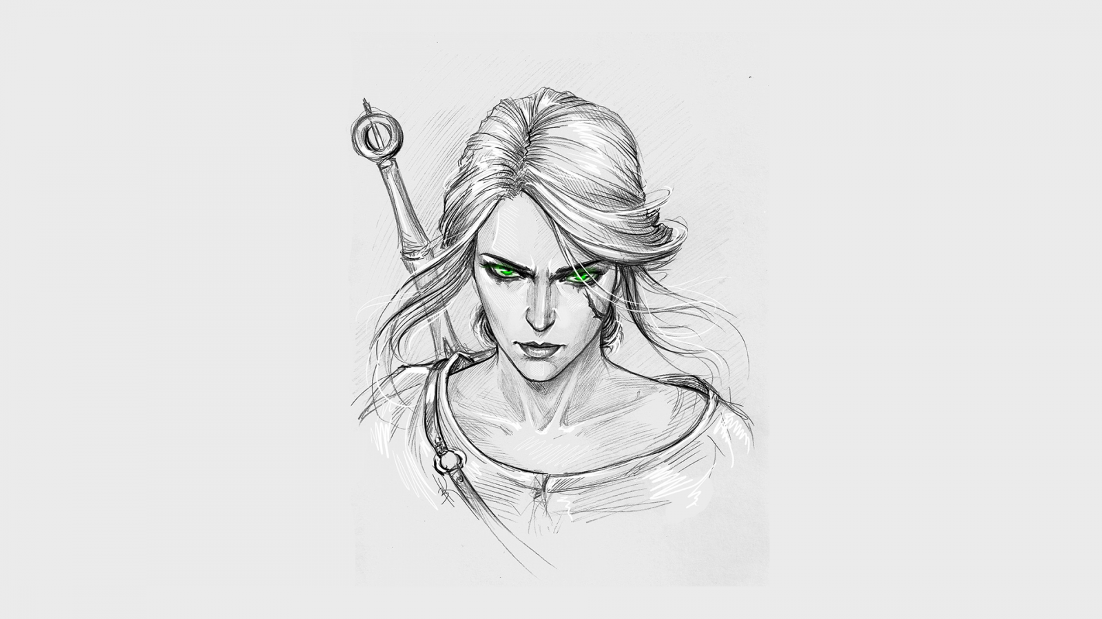 výkres, ilustrace, černobílý, zelené oči, umělecká díla, kresba tužkou, kreslená pohádka, Zaklínač, Cirilla Fiona Elen Riannon, Witcher 3 Wild Hunt, fan art, skica, Černý a bílý, monochromatické fotografování, postava výkres