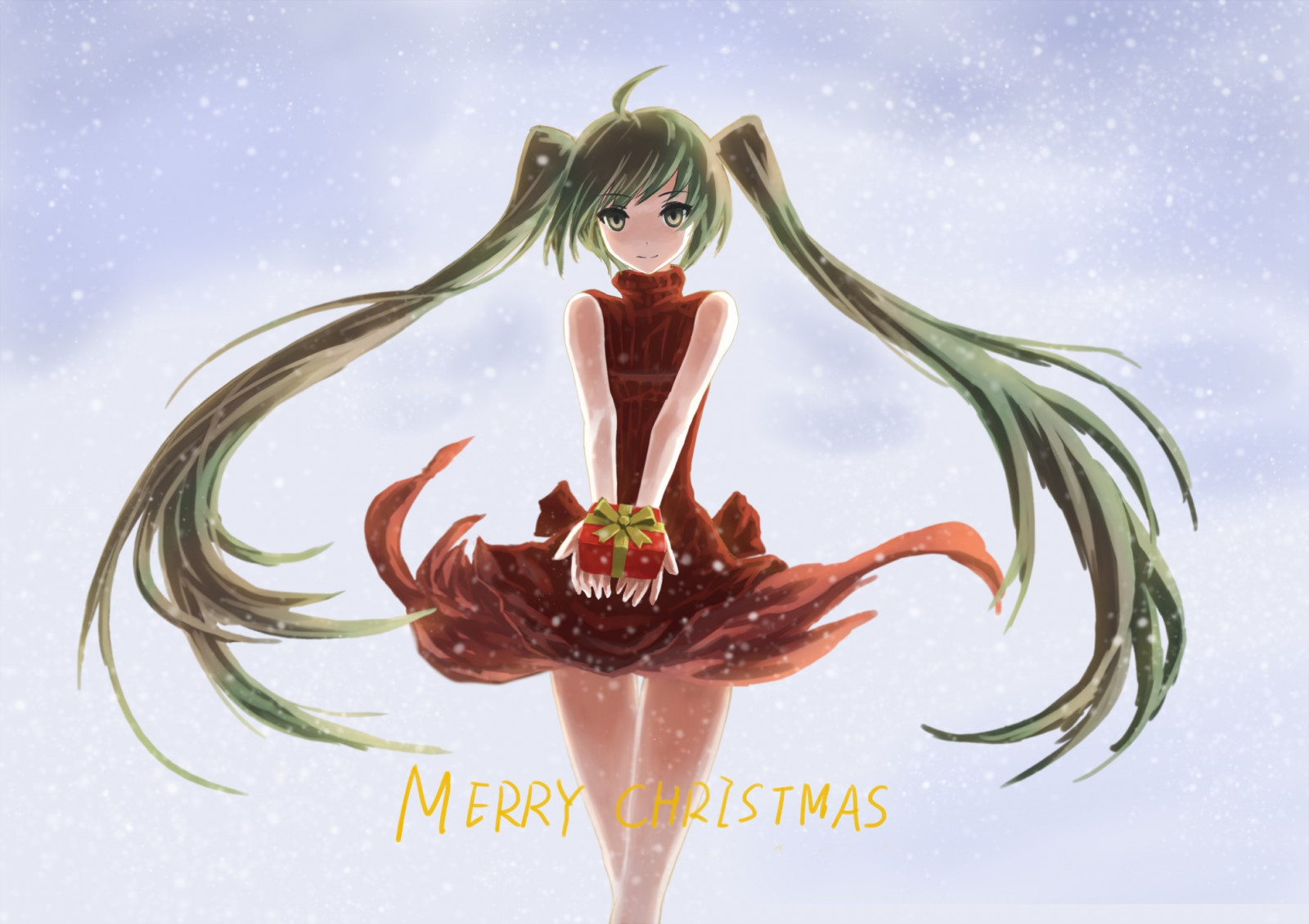 ilustrace, dlouhé vlasy, anime, anime dívky, sníh, Vocaloid, Hatsune Miku, twintails, Vánoce, představuje, sněhové vločky, květ, víla, skica, fiktivní postava, mýtické zvíře