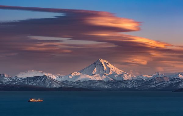 snow,sunset,mountains,snowy peak,water,reflection