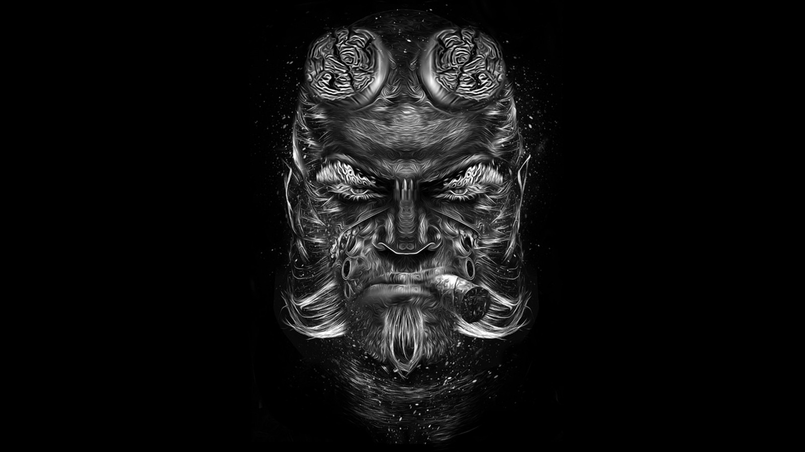 Černá, černobílý, filmy, sochařství, fan art, lebka, Hellboy, hlava, tma, kostým, paže, Černý a bílý, monochromatické fotografování, kost