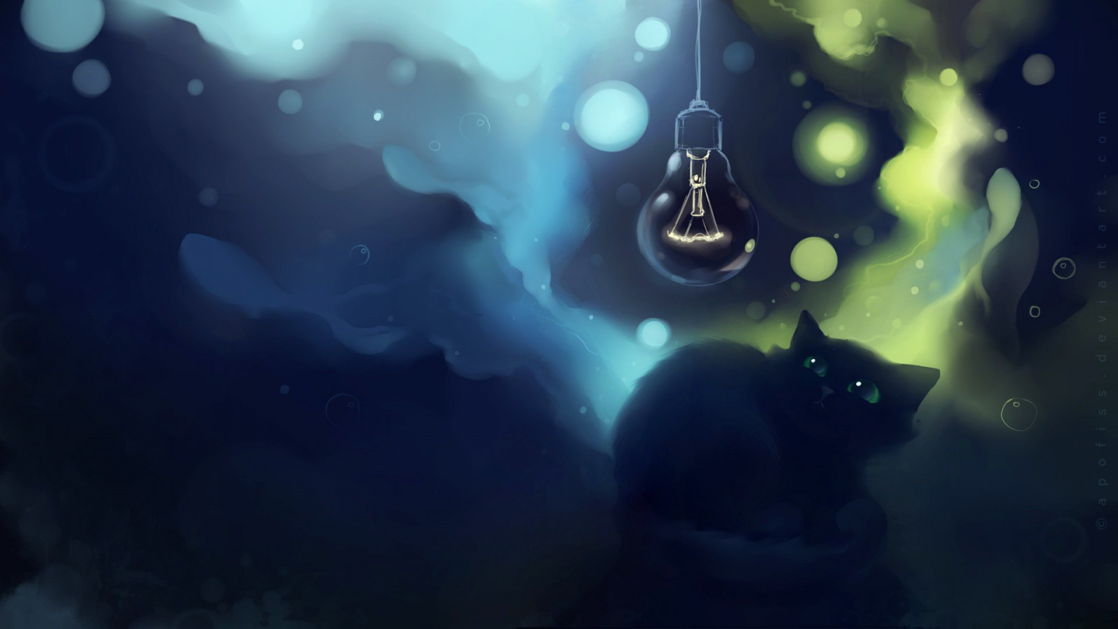 mačka, digital art, podvodné, žiarovka, Apofiss, tma, screenshot, počítač tapeta