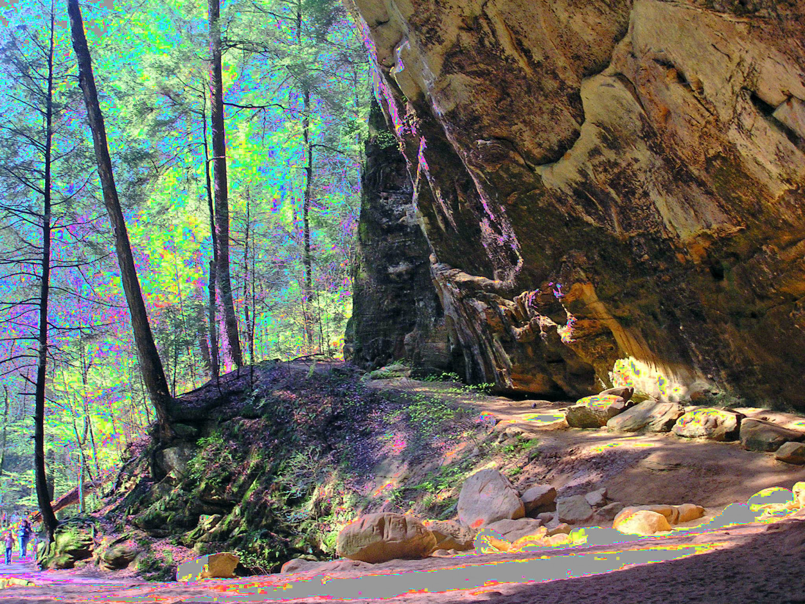 stromy, Ohio, lidé, malířské, Příroda, Skála, kámen, les, Photoshop, les, skály, cesta, kameny, perspektivní, balvany, jeskyně, cesty, geologie, hockinghills, naturetrail, rockformation, nepřirozený