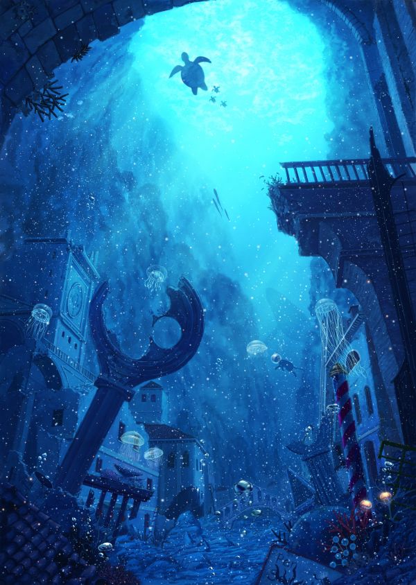 fish,kuroneko no pei,sea,night,moonlight,glowing