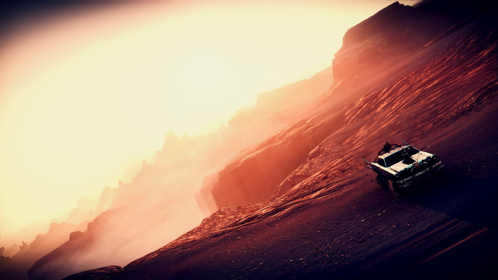 slunečnímu záření, západ slunce, Červené, odraz, futuristický, vozidlo, svítání, večer, ráno, sci-fi, slunce, horizont, atmosféra, soumrak, Šílený Max, Mad Max game, světlo, mrak, hora, svítání, vlna, atmosférický jev, počítač tapeta, Atmosféra Země, horských reliéf, geologický fenomén