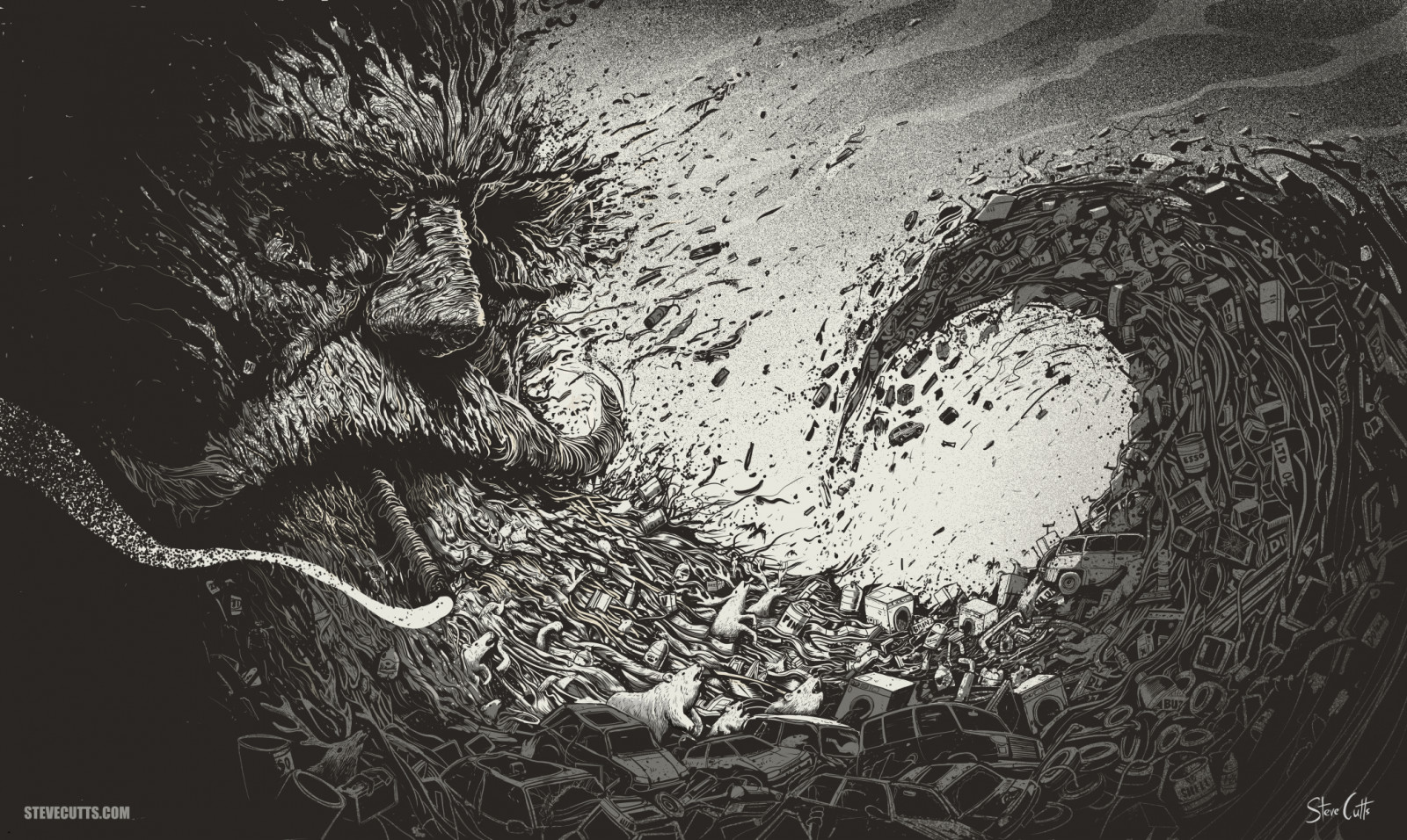 výkres, Steve Cutts, krysy, vrak, nepořádek, černobílý, vlny, životní prostředí