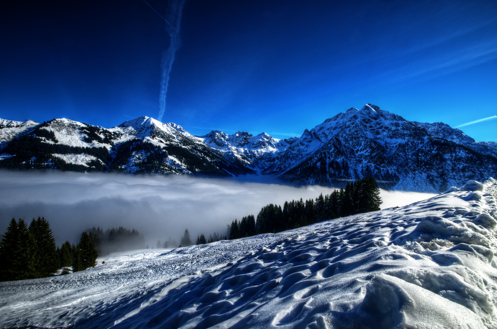 Wallpaper blue, winter, sky, Sun, mountain, snow, tree, three, Nikon