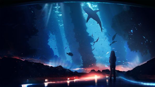digital art, people, night, shark, space, reflection