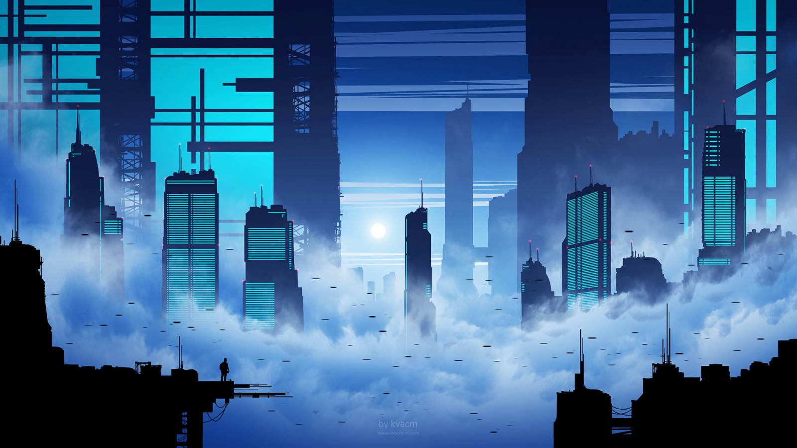 Wallpaper artwork, city, building, men, blue, science fiction, Kvacm
