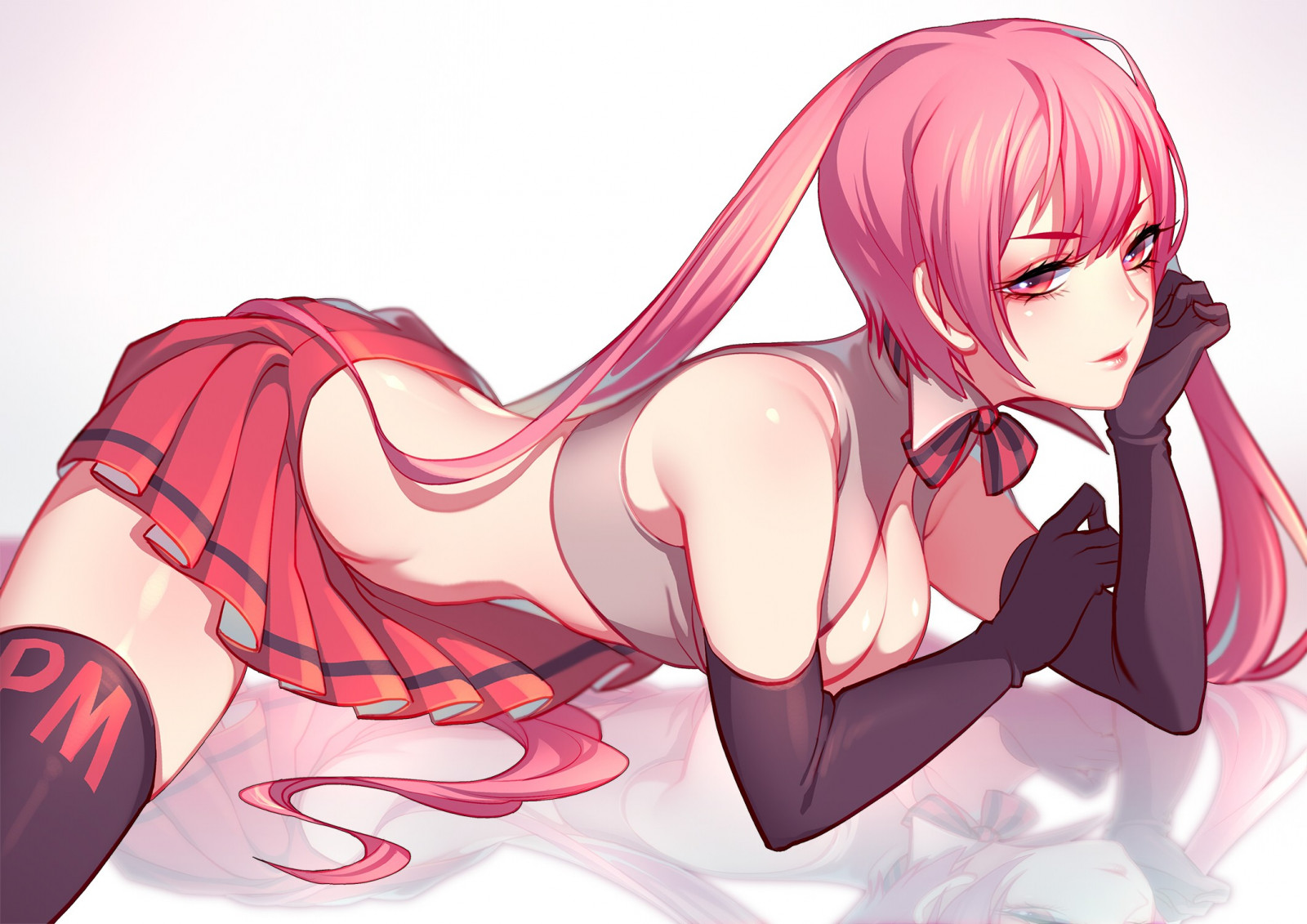 illustration, anime, Anime piger, tegneserie, sort hår, lår højder, Vocaloid, Hatsune Miku, nederdel, albue handsker, pink hår, mund, mangaka