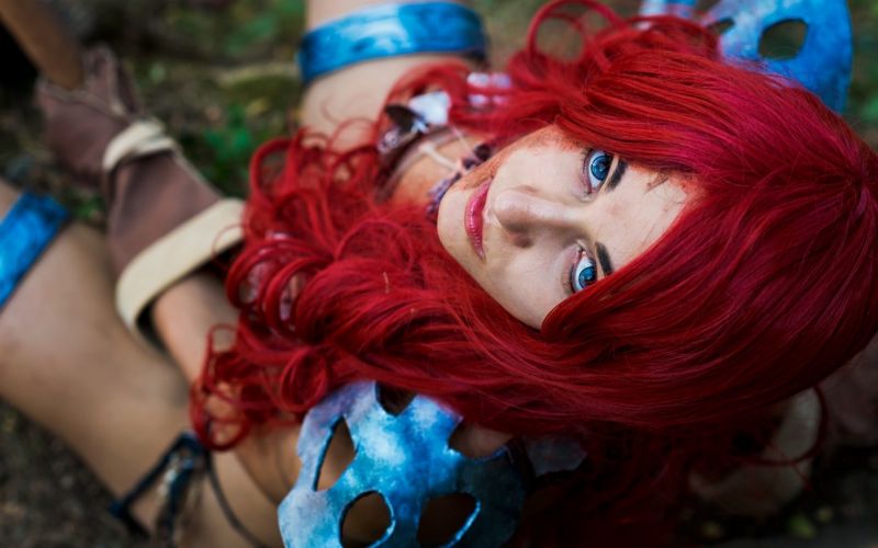 anime, Červené, ryšavý, cosplay, modré oči, oblečení anime, Červené, ryšavý, cosplay, modré oči, oblečení