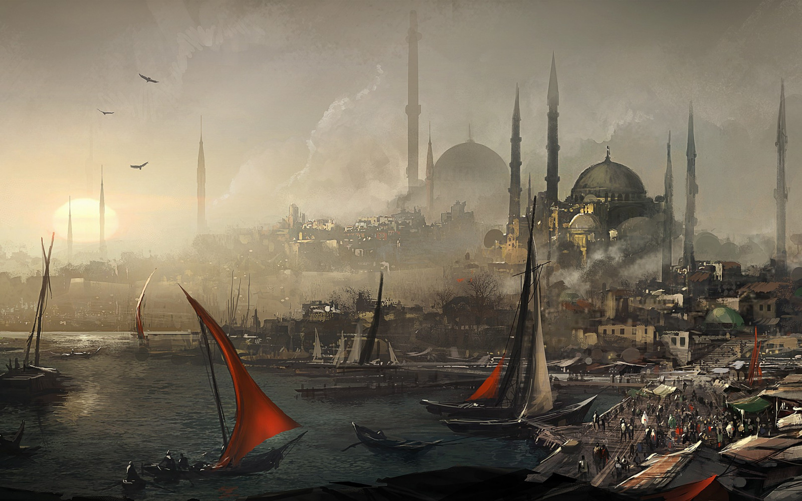 skib, båd, sejlskib, computerspil, bybilledet, køretøj, kunstværk, Istanbul, Kalkun, moske, Assassins Creed Revelations, spøgelse skib, Hali, vejr, fartøjer, mast, skærmbillede, atmosfærisk fænomen