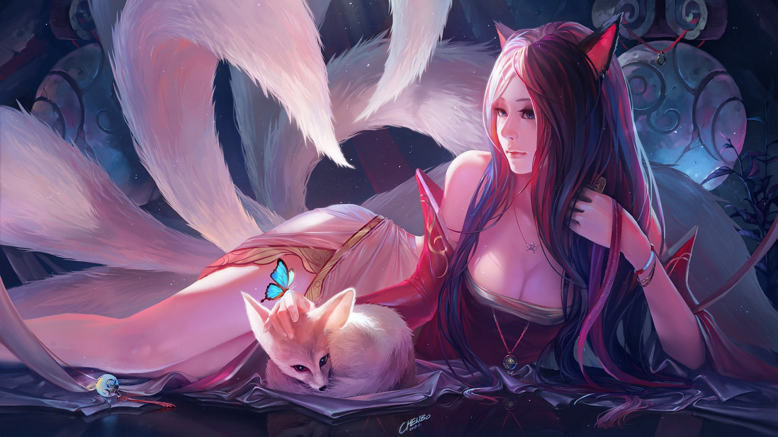 arte digitale, anime, anime girls, orecchie degli animali, League of Legends, Ahri, immagine dello schermo