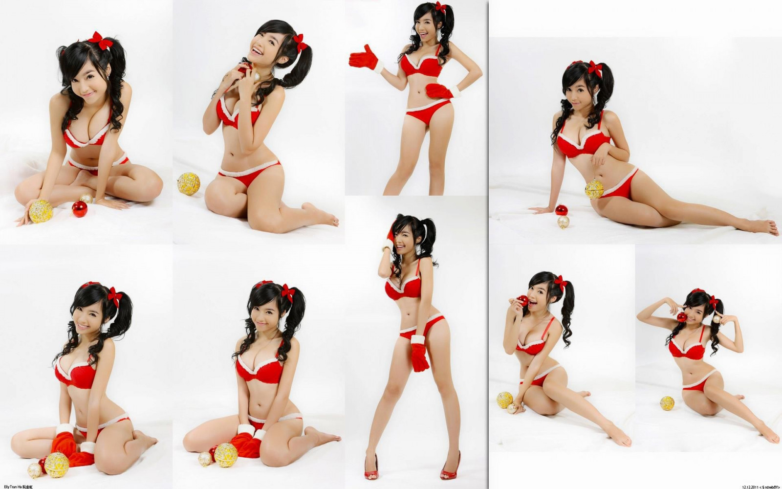 ženy, model, koláž, asijský, usmívající se, rukavice, kreslená pohádka, klečící, vánoční ozdoby, spodní prádlo, Hračka, červené kalhotky, oblečení, červená podprsenka, noha, figurka, pin up girl