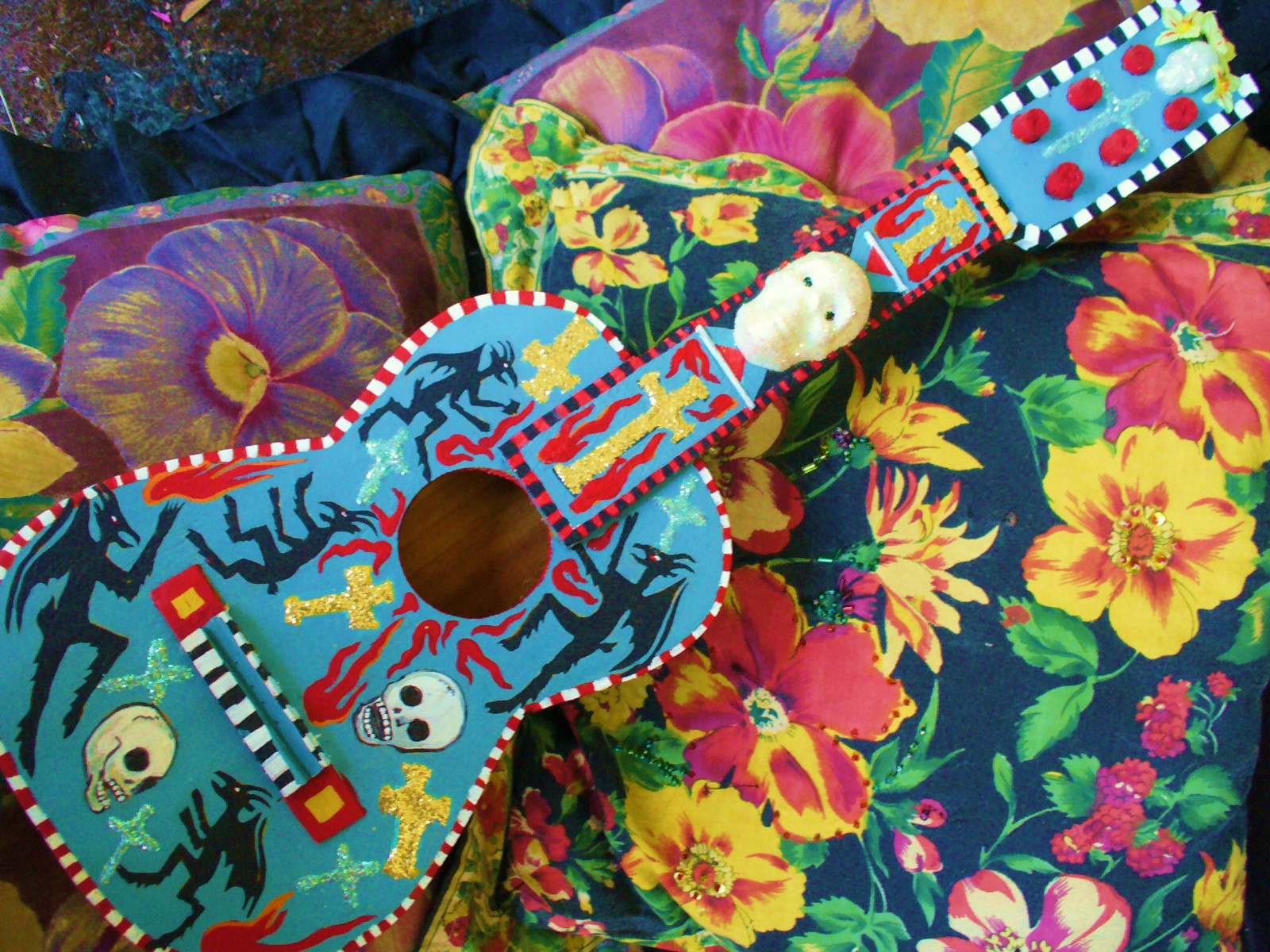 kytara, vzor, ďábel, lebka, Mexiko, přejít, kostra, Diablo, lesk, řemeslo, UMĚNÍ, květ, rostlina, flóra, materiál, tradice, textil, namalovaný, produkt, den smrti, ručně malované, Calaveras, diadelosmuertos, dotd, skulladay