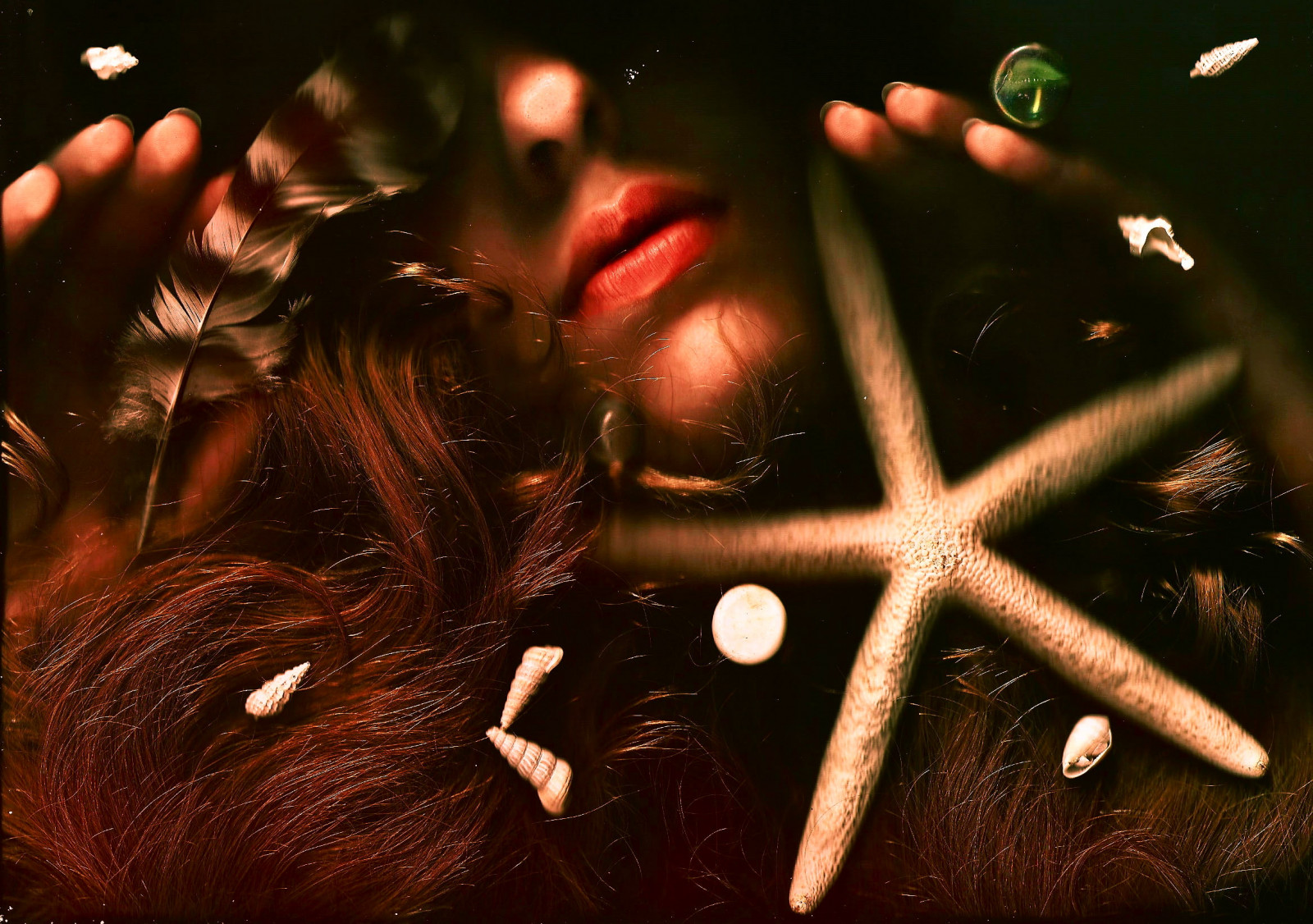 ansigt, nat, læber, søstjerne, hår, midnat, begivenhed, pige, belysning, fjer, mørke, krøllet, selv, Scan, røde læber, kugler, computer tapet, noellebuske, scanner, scanography