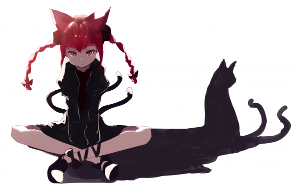 Touhou, Kaenbyou Rin, white background, Mifuru, animal ears, black cats