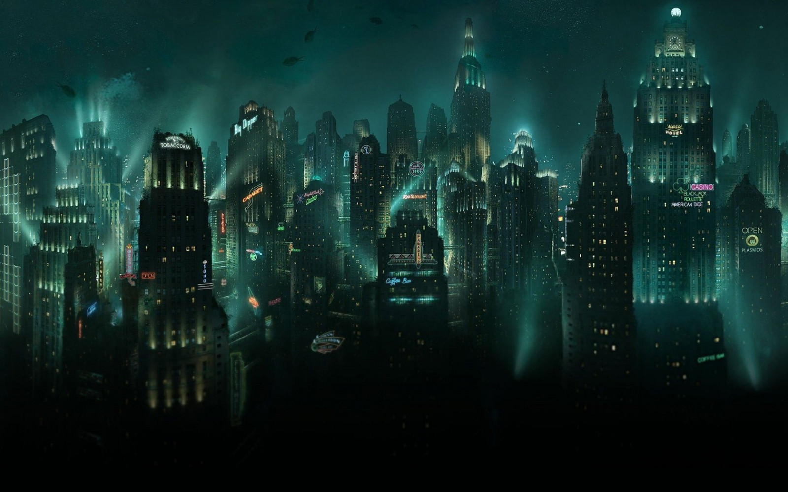 luci, città, paesaggio urbano, notte, orizzonte, BioShock, Rapimento, metropoli, mezzanotte, oscurità, immagine dello schermo, 1680x1050 px, fenomeno atmosferico, sfondo del computer, atmosfera della terra, insediamento umano