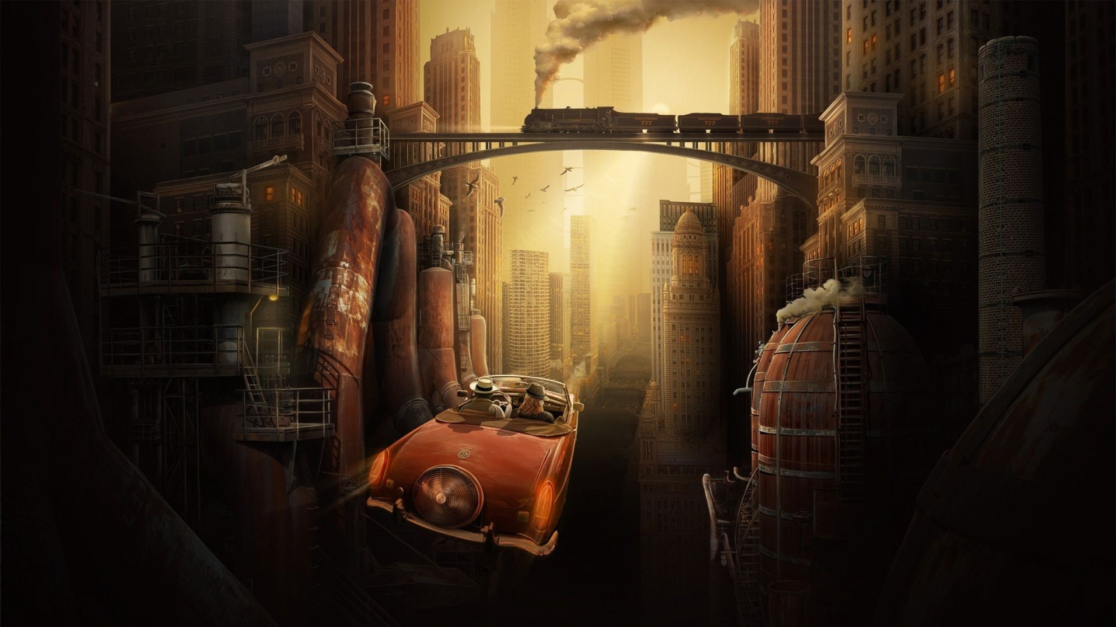 slunečnímu záření, světla, digitální umění, ptactvo, fantasy umění, ulice, noc, auto, městský, budova, kouř, vlak, mrakodrap, letící, most, staré auto, pár, futuristické město, vinobraní, parní lokomotiva, cabrio, továrna, klasická auta, fanoušci, půlnoc, světlo, tma, Snímek obrazovky, 1920x1080 px, počítač tapeta