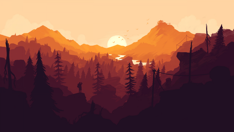 les, hory, západ slunce, svítání, Firewatch, údolí les, hory, západ slunce, svítání, Firewatch, údolí