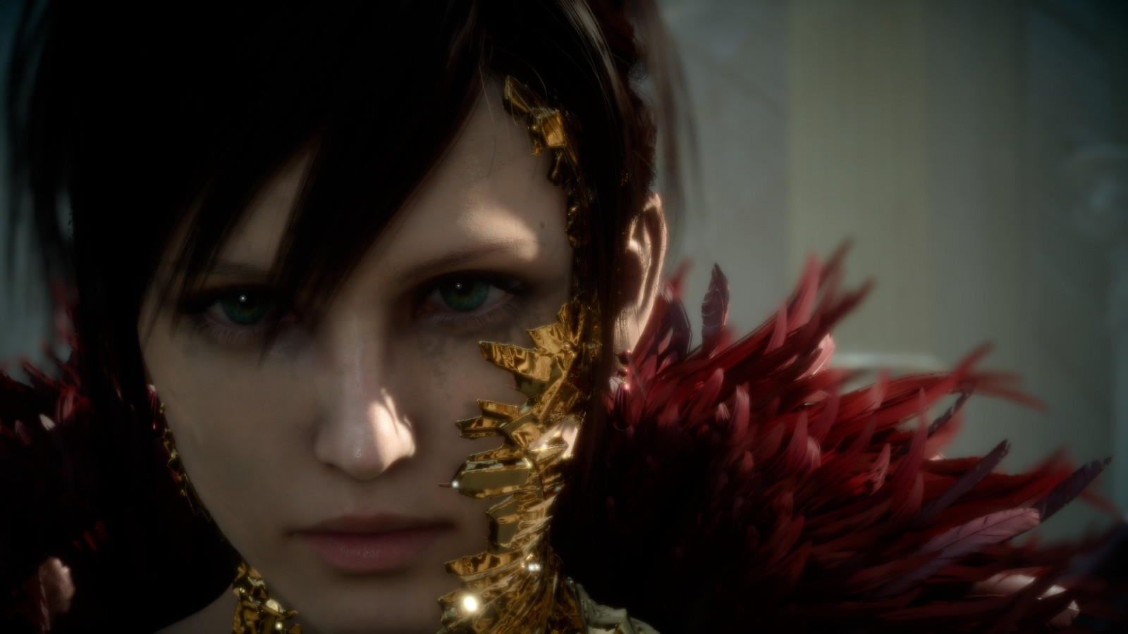 face, anime, brunette, red, green eyes, red dress, witch, Agni's Philosophy, color, darkness, screenshot, fictional character